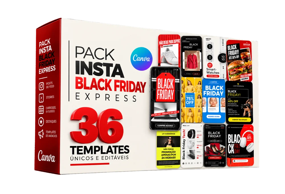Caixa do Pack Insta Black Friday Express: 36 templates únicos editáveis no Canva grátis
